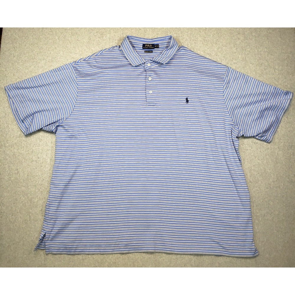 Polo Ralph Lauren Polo Shirt Mens Blue White Black Striped 4XB Pima‎ Soft Touch